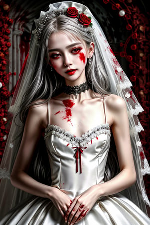 Masterpiece, best quality, finely detailed beautiful eyes and detailed beautiful face, fine detailed clothing, (skinny:1.3), (petite), messy silver (hair), porcelain (skin), flower ornament, gothic lolita, lace choker, 1girl, Korean, skimpy, skintight, (blood stain:1.3) on white (bridal gown), full body shot, roman style background