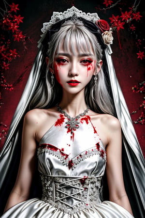 Masterpiece, best quality, finely detailed beautiful eyes and detailed beautiful face, fine detailed clothing, (skinny:1.3), (petite), messy silver (hair), porcelain (skin), flower ornament, gothic lolita, 1girl, Korean, skimpy, skintight, (blood stain:1.2) bridal gown, neon light, full body view