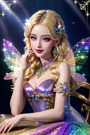 masterpiece, best quality, (finely detailed beautiful eyes and detailed beautiful face), perfect (skinny:1.3) bimbo body, straight blonde (hair), lipstick, make-up, accessories, glow dust, rainbow glow fairy wings, Celtic folklore, mischievous Pixie, red silk, long dress, high slit, relaxing on the table, midnight, nighttime, cinematic lighting, glitter, Detailedface,glitter,shiny