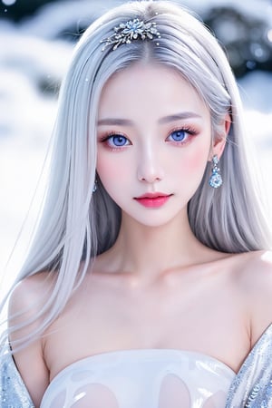 masterpiece, best quality, finely detailed beautiful eyes, finely detailed beautiful face, maximum fine clothing details, nsfw, (skinny:1.3), (petite), perfect round (small boobs), make-up, lipstick, porcelain (skin), silver (hair), 1girl, Japanese folklore, Yuki-Onna, long white daster, translucent, wondering around snowy mountain