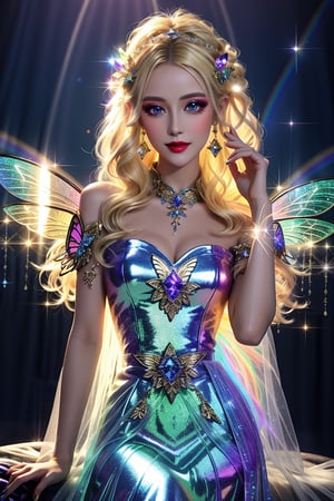 masterpiece, best quality, (finely detailed beautiful eyes and detailed beautiful face), perfect (skinny:1.3) bimbo body, straight blonde (hair), lipstick, make-up, accessories, glow dust, rainbow glow fairy wings, Celtic folklore, mischievous Pixie, silk, long dress, high slit, seductive pose, midnight, nighttime, cinematic lighting, glitter, Detailedface, shiny