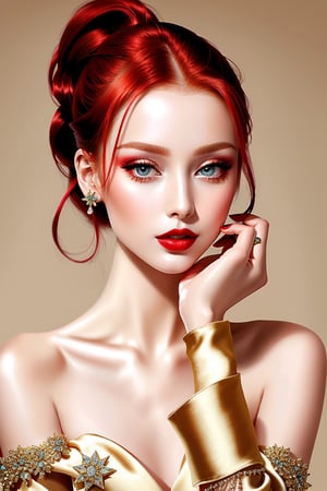 masterpiece, best quality, (finely detailed beautiful eyes and detailed beautiful face), (skinny:1.3), porcelain (skin), redhead, short messy (high ponytail), make-up, lipstick, exquisite girl, skin_tight, (silk:1.3), glamour high slit, long dress, glass (high heels), seductive_pose