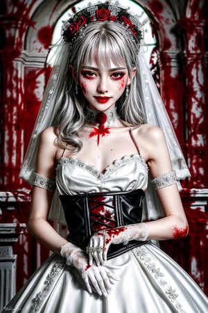 Masterpiece, best quality, finely detailed beautiful eyes and detailed beautiful face, fine detailed clothing, (skinny:1.3), (petite), messy silver (hair), porcelain (skin), flower ornament, gothic lolita, lace choker, 1girl, Korean, skimpy, skintight, (blood stain:1.3) clothing, white (bridal gown), bridal glove, evil grin, (blood) tears, full body shot, roman style background