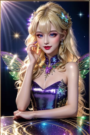 masterpiece, best quality, (finely detailed beautiful eyes and detailed beautiful face), perfect (skinny:1.3) bimbo body, straight blonde (hair), lipstick, make-up, accessories, glow dust, rainbow glow fairy wings, Celtic folklore, mischievous Pixie, red silk, long dress, high slit, relaxing on the table, midnight, nighttime, cinematic lighting, glitter, Detailedface,glitter,shiny