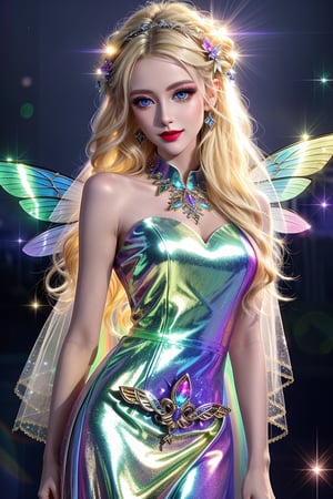 masterpiece, best quality, (finely detailed beautiful eyes and detailed beautiful face), perfect (skinny:1.3) bimbo body, straight blonde (hair), lipstick, make-up, accessories, glow dust, rainbow glow fairy wings, Celtic folklore, mischievous Pixie, silk, long dress, high slit, seductive pose, midnight, nighttime, cinematic lighting, glitter, Detailedface, shiny