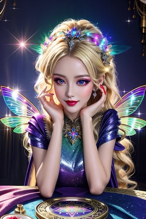 masterpiece, best quality, (finely detailed beautiful eyes and detailed beautiful face), perfect (skinny:1.3) bimbo body, straight blonde (hair), lipstick, make-up, accessories, glow dust, rainbow glow fairy wings, Celtic folklore, mischievous Pixie, red silk, long dress, high slit, relaxing on the table, midnight, nighttime, cinematic lighting, glitter, Detailedface, shiny