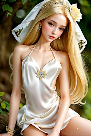 masterpiece, best quality, finely detailed beautiful eyes, finely detailed beautiful face, maximum fine detailed clothing, ultra realistic hair, (skinny:1.3), (petite), porcelain (skin), flower ornament, dirty blonde, 1girl, Barbie, lewd, upskirt, skimpy, (silk), (wet:1.2) clothing, 