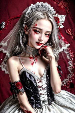 Masterpiece, best quality, finely detailed beautiful eyes and detailed beautiful face, fine detailed clothing, (skinny:1.3), (petite), messy silver (hair), porcelain (skin), flower ornament, gothic lolita, lace choker, 1girl, Korean, skimpy, skintight, (blood stain:1.3) clothing, white (bridal gown), bridal glove, evil grin, (blood) tears, full body shot, roman style background