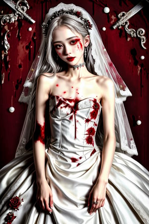 Masterpiece, best quality, finely detailed beautiful eyes and detailed beautiful face, fine detailed clothing, (skinny:1.3), (petite), messy silver (hair), porcelain (skin), flower ornament, gothic lolita, 1girl, Korean, skimpy, skintight, (blood stain:1.3) on white (bridal gown), full body shot, roman style background