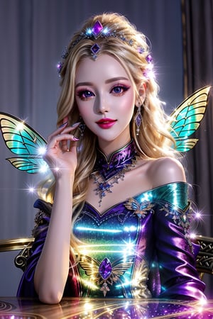 masterpiece, best quality, (finely detailed beautiful eyes and detailed beautiful face), perfect (skinny:1.3) bimbo body, straight blonde (hair), lipstick, make-up, accessories, glow dust, rainbow glow fairy wings, Celtic folklore, mischievous Pixie, red silk, long dress, high slit, relaxing on the table, midnight, nighttime, cinematic lighting, glitter, Detailedface,glitter,shiny,bweyes