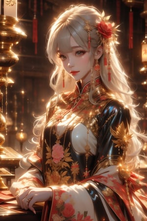 white hair, bangs hairstyle, 1girl, Queen girl, gold Dragon, red sleeveless mini cheongsam, Chinese architectures, chinese dress, glitter