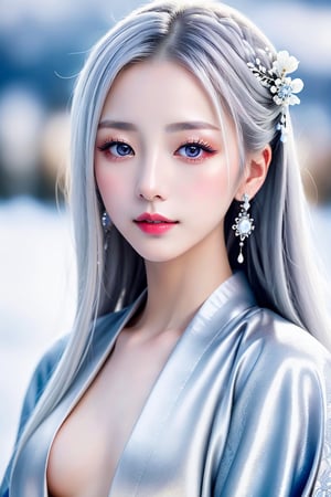 masterpiece, best quality, finely detailed beautiful eyes, finely detailed beautiful face, maximum fine clothing details, (skinny:1.3), (petite), perfect round (small boobs), make-up, lipstick, porcelain (skin), silver (hair), 1girl, Japanese folklore, Yuki-Onna, kimono, wonder around snowy mountain
