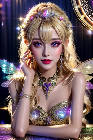 masterpiece, best quality, (finely detailed beautiful eyes and detailed beautiful face), perfect (skinny:1.3) bimbo body, straight blonde (hair), lipstick, make-up, accessories, glow dust, rainbow glow fairy wings, Celtic folklore, mischievous Pixie, red silk, long dress, high slit, relaxing on the table, midnight, nighttime, cinematic lighting, glitter, Detailedface,glitter,shiny