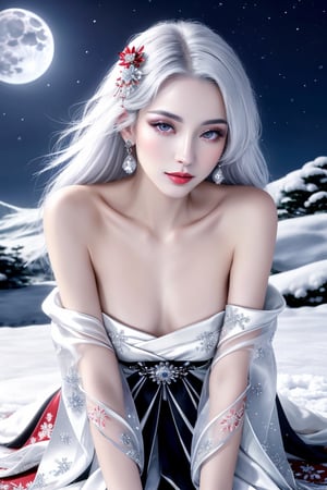 masterpiece, best quality, finely detailed beautiful eyes, finely detailed beautiful face, maximum fine clothing details, perfect (skinny:1.3) bimbo body, make-up, lipstick, floral ornaments, silver (hair), pale (skin), Japan folklore, Yuki-Onna, one-layer, clear sheer, chiffon open kimono, visible nipples, relaxing on the snowy floor, snowy mountain, exposed pussy, open leg, under the moonlight, nighttime, midnight_lycanroc, cinematic lighting, sharp focus, depth of field, intricate details