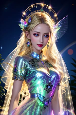 masterpiece, best quality, (finely detailed beautiful eyes and detailed beautiful face), perfect (skinny:1.3) bimbo body, straight blonde (hair), lipstick, make-up, accessories, glow dust, rainbow glow fairy wings, Celtic folklore, mischievous Pixie, (translucent:1.2) silk, long dress, high slit, seductive pose, midnight, nighttime, cinematic lighting, glitter, Detailedface, shiny,