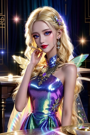 masterpiece, best quality, (finely detailed beautiful eyes and detailed beautiful face), perfect (skinny:1.3) bimbo body, straight blonde (hair), lipstick, make-up, accessories, glow dust, rainbow glow fairy wings, Celtic folklore, mischievous Pixie, red silk, long dress, high slit, relaxing on the table, midnight, nighttime, cinematic lighting, glitter, Detailedface, shiny