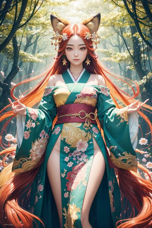 In this hyper-maximalist masterpiece, a breathtaking image of the ultimate nine-tailed fox girl unfolds. She stands amidst a mystical forest, exuding ethereal elegance. Her cascading locks, molten gold in color, shimmer with an inner radiance. Iridescent emerald eyes hold ancient wisdom and mischief, captivating the soul. Porcelain-like skin bears intricate cherry blossom markings, subtly shifting with light. Nine resplendent tails, adorned with patterns inspired by various art movements, weave a harmonious visual symphony. Ornate kimono, inspired by traditional Japanese woodblock prints, showcases meticulous detail. The enchanted forest bursts with vibrant colors, blending surrealism and fantasy. This epic masterpiece evokes awe, intertwining hyper-realistic rendering, intricate details, and seamless fusion of styles. It is a groundbreaking testament to the artist's skill, inviting viewers into a world where beauty and magic coexist. With unparalleled attention to detail, it transcends visual boundaries, offering a timeless encounter with the extraordinary nine-tailed fox girl—a stunning embodiment of artistic excellence.