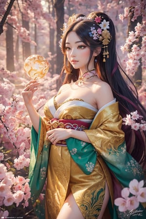 In this hyper-maximalist masterpiece, a breathtaking image of the ultimate nine-tailed fox girl unfolds. She stands amidst a mystical forest, exuding ethereal elegance. Her cascading locks, molten gold in color, shimmer with an inner radiance. Iridescent emerald eyes hold ancient wisdom and mischief, captivating the soul. Porcelain-like skin bears intricate cherry blossom markings, subtly shifting with light. Nine resplendent tails, adorned with patterns inspired by various art movements, weave a harmonious visual symphony. Ornate kimono, inspired by traditional Japanese woodblock prints, showcases meticulous detail. The enchanted forest bursts with vibrant colors, blending surrealism and fantasy. This epic masterpiece evokes awe, intertwining hyper-realistic rendering, intricate details, and seamless fusion of styles. It is a groundbreaking testament to the artist's skill, inviting viewers into a world where beauty and magic coexist. With unparalleled attention to detail, it transcends visual boundaries, offering a timeless encounter with the extraordinary nine-tailed fox girl—a stunning embodiment of artistic excellence.