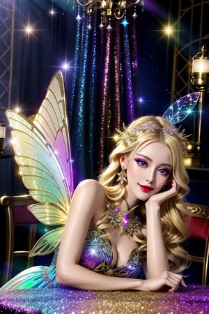 masterpiece, best quality, (finely detailed beautiful eyes and detailed beautiful face), perfect (skinny:1.3) bimbo body, straight blonde (hair), lipstick, make-up, accessories, glow dust, rainbow glow fairy wings, Celtic folklore, mischievous Pixie, red silk, long dress, high slit, relaxing on the table, midnight, nighttime, cinematic lighting, glitter, Detailedface,glitter,shiny