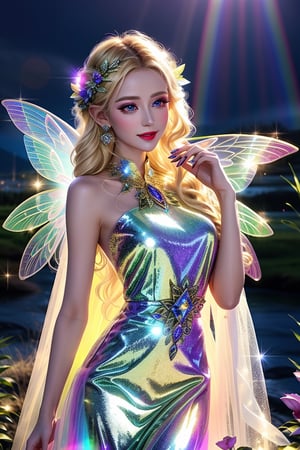 masterpiece, best quality, (finely detailed beautiful eyes and detailed beautiful face), perfect (skinny:1.3) bimbo body, straight blonde (hair), lipstick, make-up, accessories, glow dust, rainbow glow fairy wings, Celtic folklore, mischievous Pixie, silk, long dress, high slit, translucent, seductive pose, midnight, nighttime, cinematic lighting, glitter, Detailedface, shiny