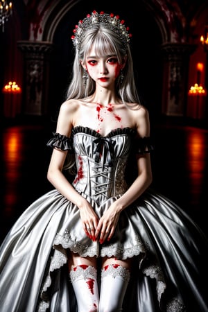 Masterpiece, best quality, finely detailed beautiful eyes and detailed beautiful face, fine detailed clothing, (skinny:1.3), (petite), messy silver (hair), porcelain (skin), flower ornament, gothic lolita, 1girl, Korean, skimpy, skintight, (blood stain:1.2) on bridal gown, neon light, full body shot