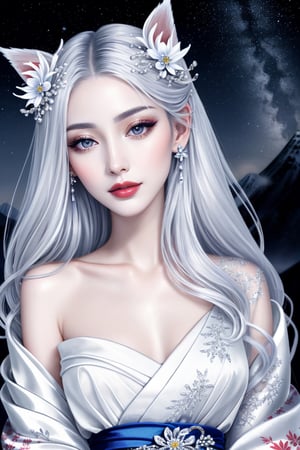 masterpiece, best quality, finely detailed beautiful eyes, finely detailed beautiful face, maximum fine clothing details, perfect (skinny:1.3) bimbo body, make-up, lipstick, floral ornaments, silver (hair), pale (skin), Japan folklore, Yuki-Onna, clear sheer, chiffon kimono, wonder around snowy mountain, under the moonlight, nighttime, midnight_lycanroc, cinematic lighting, sharp focus, depth of field, intricate details