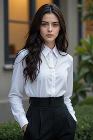 Cinematography (photorealism: 1.2), 1girl, solo, long hair, looking at viewer, brown eyes, black hair, brown hair, shirt, long sleeves,chain with a silver cross, dress, jewelry, standing, white shirt, outdoors, day, collared shirt, belt, necklace, blurry, black dress, lips, blurry background, plant, hand in pocket, realistic, nun, habit