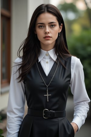 Cinematography (photorealism: 1.2), 1girl, solo, long hair, looking at viewer, brown eyes, black hair, brown hair, shirt, long sleeves,chain with a silver cross, dress, jewelry, standing, white shirt, outdoors, day, collared shirt, belt, necklace, blurry, black dress, lips, blurry background, plant, hand in pocket, realistic, nun, habit