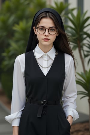 Cinematography (photorealism: 1.2), glasses,  1girl, solo, long hair, looking at viewer, brown eyes, black hair, brown hair, shirt, long sleeves,chain with a silver cross, dress, jewelry, standing, white shirt, outdoors, day, collared shirt, belt, necklace, blurry, black dress, lips, blurry background, plant, hand in pocket, realistic, nun, habit