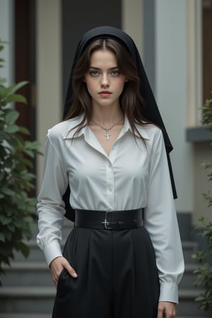 Cinematography (photorealism: 1.2), 1girl, solo, long hair, looking at viewer, brown eyes, black hair, brown hair, shirt, long sleeves,chain with a silver cross, dress, jewelry, standing, white shirt, outdoors, day, collared shirt, belt, necklace, blurry, black dress, lips, blurry background, plant, hand in pocket, realistic, nun, habit