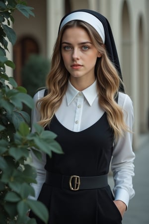 Cinematography (photorealism: 1.2), 1girl, solo, long hair, looking at viewer, blue eyes, blonde hair, brown hair, shirt, long sleeves, dress, jewelry, standing, white shirt, outdoors, day, collared shirt, belt, necklace, blurry, black dress, lips, blurry background, plant, hand in pocket, realistic, nun, habit