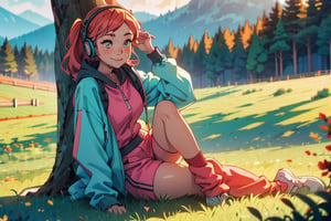 (best quality, masterpiece), 1 girl, headset, jogging suit, thigh-high stockings, make-up, working out, chilling , backlit, sensual smile, freckles, on top of a mountain, forest, one sunny morning background.