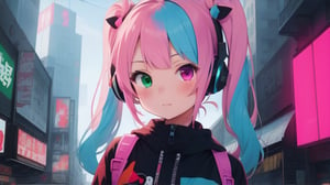 anime girl with pink hair and headphones pointing at something, best anime 4k konachan wallpaper, anime style 4 k, digital cyberpunk anime art, cyberpunk anime girl, badass anime 8 k, digital cyberpunk - anime art, anime cyberpunk art, nightcore, anime moe artstyle, ((rainbow pink)) twintail hair and cyan and pink eyes, ((heterochromia eyes)), anime girl of the future