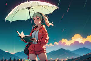 (best quality, masterpiece), 1 girl, headset, jogging suit, thigh-high stockings, make-up, hand in a book, looking a book, backlit, focus in a book, freckles, on top of a mountain, one night background, raining, night