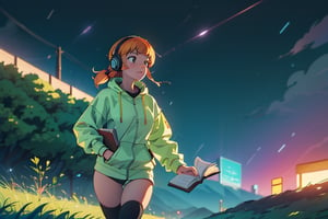 (best quality, masterpiece), 1 girl, headset, jogging suit, thigh-high stockings, make-up, hand in a book, looking a book, backlit, focus in a book, freckles, on top of a mountain, one night background, raining, multi-colored lights, night