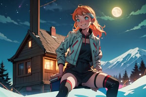 (best quality, masterpiece), 1 girl,playin music, leather jacket, thigh-high stockings, make-up, hand in a book, looking a book, backlit, seductive smile, freckles, on top of a mountain, one night background, full moon, multi-colored lights, night