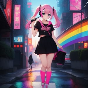 anime full body girl with pink hair and headphones pointing at something, best anime 4k konachan wallpaper, anime style 4 k, digital cyberpunk anime art, cyberpunk anime girl, badass anime 8 k, digital cyberpunk - anime art, anime cyberpunk art, nightcore, anime moe artstyle, ((rainbow pink)) twintail hair and cyan and pink eyes, ((heterochromia eyes)), anime girl of the future