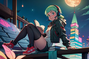 (best quality, masterpiece), 1 girl, headset, leather jacket, thigh-high stockings, make-up, hand in a book, looking a book, backlit, seductive smile, freckles, on top of a mountain, one night background, full moon, multi-colored lights, night