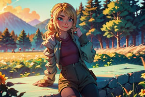 (best quality, masterpiece), 1 girl, headset, jogging suit, thigh-high stockings, make-up, working out, chilling , backlit, sensual smile, freckles, on top of a mountain, forest, one sunny morning background.
