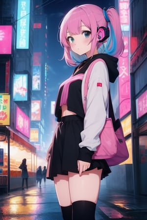 anime full body girl with pink hair and headphones pointing at something, best anime 4k konachan wallpaper, anime style 4 k, digital cyberpunk anime art, cyberpunk anime girl, badass anime 8 k, digital cyberpunk - anime art, anime cyberpunk art, nightcore, anime moe artstyle, ((rainbow pink)) twintail hair and cyan and pink eyes, ((heterochromia eyes)), anime girl of the future