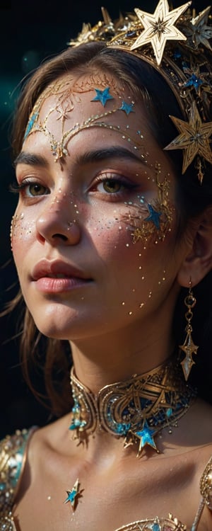 An image of a woman with stars painted on her face, intricate embellishments, contemporary art, backlight, carnivalesque, detailed atmospheric portraits, sgrafitto, radiant  --s 350 --v 6.0