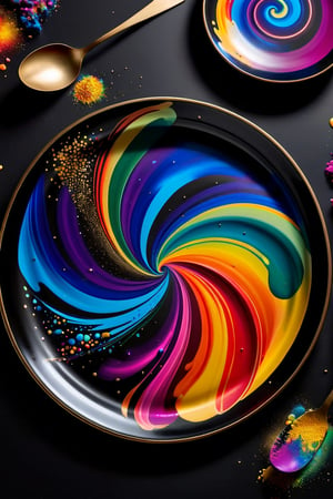 Advertising image of Dinner tableware in glittering metal paint, painted on a vanta black metal plate.  iridescent background, intricate rainbow environment, pattern in Golden ratio, Phi, magic particles; magic swirls, cgsociety 9, colorful swirls of paint, petros afshar speedart, splashes of neon galaxies, swirling paint colors, glow galaxy background, swirling paint, galaxy gas brushstrokes