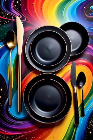 Advertising image of Dinner tableware in glittering metal paint, painted on a vanta black metal dinner tableware.  iridescent background, intricate rainbow environment, pattern in Golden ratio, Phi, magic particles; magic swirls, cgsociety 9, colorful swirls of paint, petros afshar speedart, splashes of neon galaxies, swirling paint colors, glow galaxy background, swirling paint, galaxy gas brushstrokes