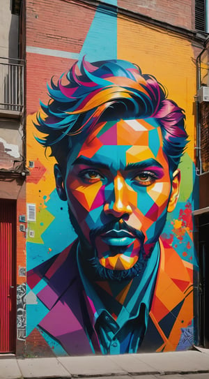 A series of dynamic and colorful street art murals adorning the walls of a lively urban alleyway, showcasing a blend of abstract shapes, intricate portraits, and mesmerizing geometric patterns. The scene is captured from a unique low angle, creating dramatic shadows and emphasizing the vibrant contrast of colors. The high-definition photograph brings out every detail, immersing viewers in the artistic essence of the bustling cityscape.,