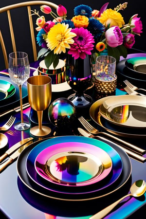 a table topped with black plates and silverware, gold black and rainbow colors, ornate galactic gold, iridescent metals, bold psychedelic colors, rich deep colors. masterpiec, iridescent accents. vibrant, colorful iridescent and playful, lisa frank & sho murase, cosmic and colorful, pan futurism, futuristic precious metals, vibrant fantasy style, black lacquer