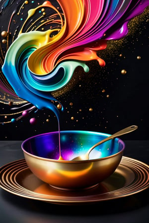 Advertising image of Dinner tableware in glittering metal paint, painted on a vanta black metal dinner tableware.  iridescent background, intricate rainbow environment, pattern in Golden ratio, Phi, magic particles; magic swirls, cgsociety 9, colorful swirls of paint, petros afshar speedart, splashes of neon galaxies, swirling paint colors, glow galaxy background, swirling paint, galaxy gas brushstrokes