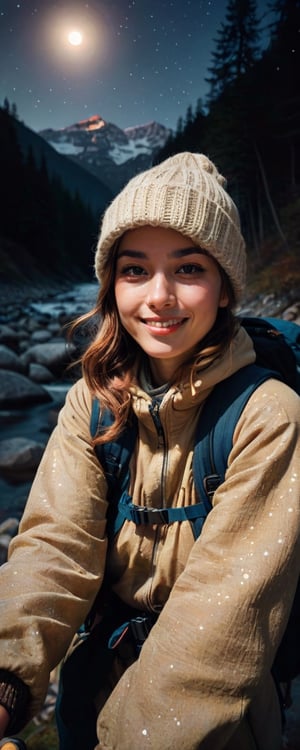 1 woman ((upper body selfie, happy)), masterpiece, best quality, ultra-detailed, solo, outdoors, (night), mountains, nature, (stars, moon) cheerful, happy, backpack, sleeping bag, camping stove, water bottle, mountain boots, gloves, sweater, hat, flashlight, forest, rocks, river, wood, smoke, shadows, contrast, clear sky, analog style (look at viewer:1.2) (skin texture) (film grain:1.3), (warm hue, warm tone:1.2), close up, cinematic light, sidelighting, ultra high res, best shadow, RAW, upper body, wearing pullover