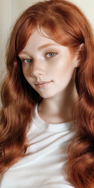 a woman with red hair and blue eyes wearing a sweater, ginger hair with freckles, red hair and freckles, redhead girl, she is redhead, beautiful redhead woman, redhead woman, red head, flowing ginger hair, ginger hair and fur, ginger hair, freckled, ginger wavy hair, with freckles, red hair and attractive features, elegant freckles, freckles