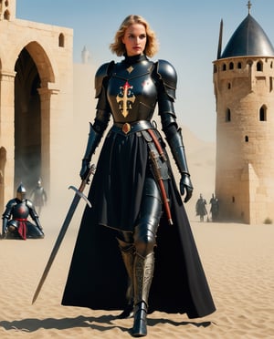 Female Crusader dressed as a black knight Clothes, with heavy belt with knife and sword, ,Movie Still