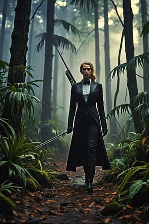 A woman in a tailored black tuxedo stands with unwavering confidence amidst the dense fog of a forest. Her posture is poised and determined, holding a sleek silver hunting rifle with a firm grip. The dim lighting creates long, haunting shadows that play on her sharp features, accentuating her intense focus as she tracks her elusive prey through the mist, creating an atmosphere shrouded in mystery and suspense. amazon jungle, sci-fi landscape, cinematic, epic realism,8K, highly detailed, vintage photo, epic realism, highly detailed, high quality, rich textures, wide shot, sharp focus, high detail, 4k, masterpiece, photo, digital art, fantasy, the dark crystal movie style, tiltshift, side angle, colorful lighting, hard lighting, spooky vibe 